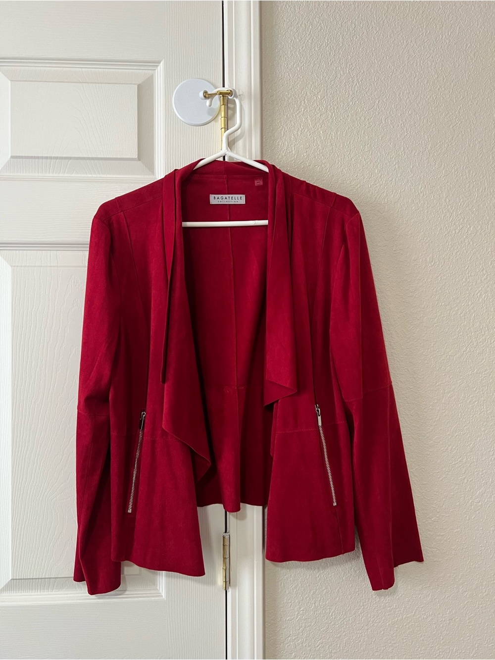 Bagatelle Collection Red Faux Suede Drape Front Jacket Zip Pocket Blazer XL
